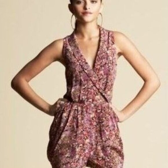 Y2K Bebe Womens Romper Jumper Sz XXS Pink Multi 100% Silk Watercolor One Piece - Picture 1 of 9